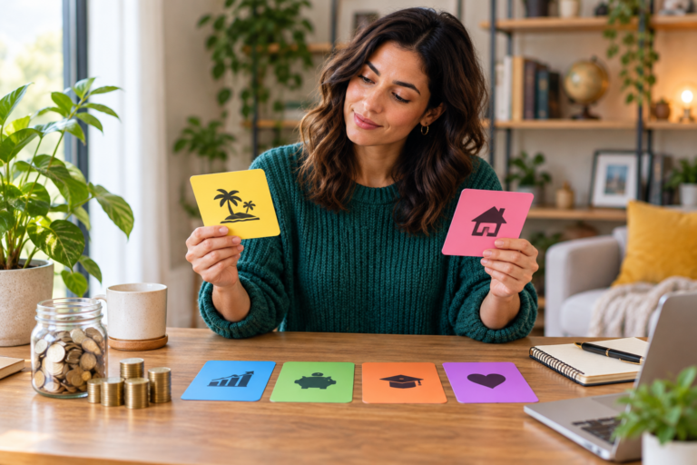 Woman comparing two money personality choices, holding one card in each hand.